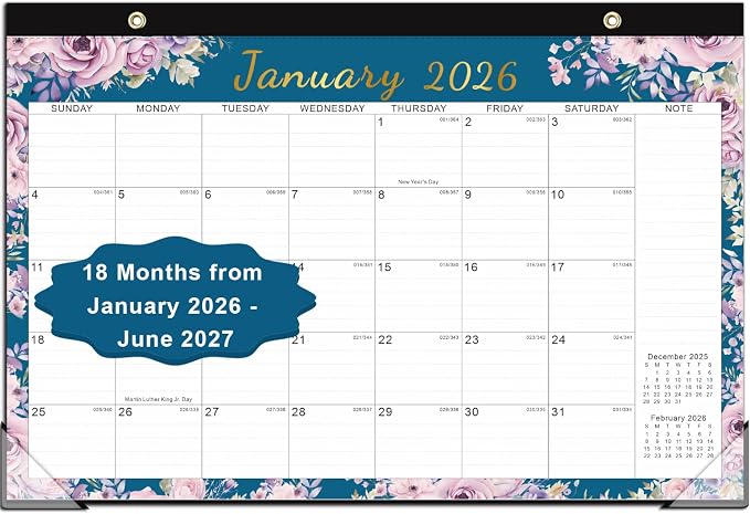 KOPEESY Desk Calendar 2026-2027, 18 Months Calendar 2026-2027 Runs from January 2026 to June 2027, 17" x 12" Desktop/Wall Monthly Calendar for Home, School and Office - Floral Pattern