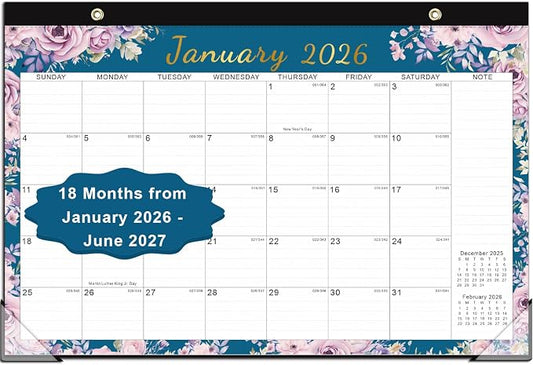 KOPEESY Desk Calendar 2026-2027, 18 Months Calendar 2026-2027 Runs from January 2026 to June 2027, 17" x 12" Desktop/Wall Monthly Calendar for Home, School and Office - Floral Pattern