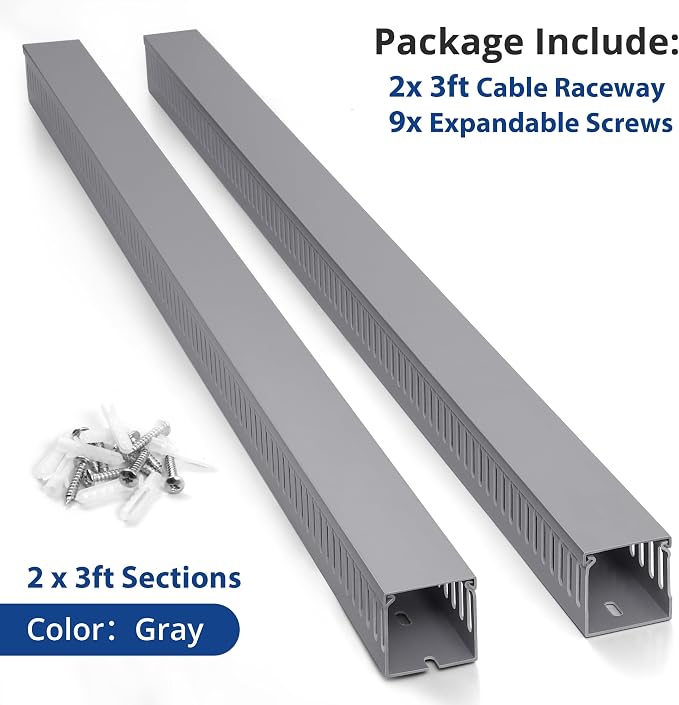 ZhiYo 2"H x 2"W Cable Raceway, 6ft Under Desk Wire Management Channel, Grey | Slotted Wire Duct, 2 Pack (3 ft Each), Heavy-Duty PVC Cable Management for Server Racks, Network Cables & Electrical Cabinets
