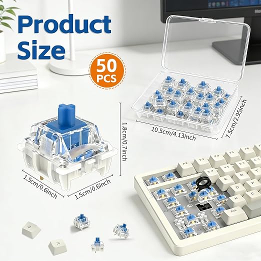 50 Pcs Keyboard Switches, 3 Pin Dustproof Mechanical Keyboard Switches, Clicky, Accurate Typing, Keyboard Clicker for Gaming, Typing, DIY Custom Keyboards & Clickers for 3D Prints (Blue)