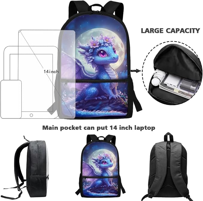 WELLFLYHOM Cute Dragon Customized Backpack for School Girls 6-8 Personalized 4 in 1 Book Bag with Lunch Box Pencil Case Water Bottle Sleeve Moon Elementary School Bag Set