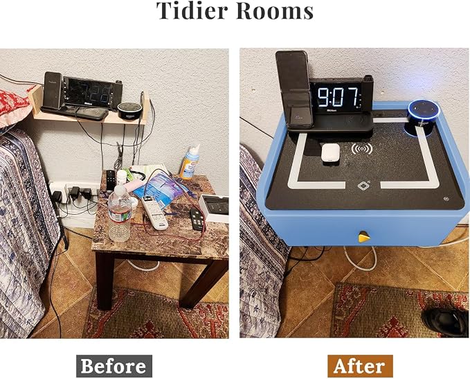 HOMEMORE Floating Nightstand with Charging Station Bedside Table LED Smart Bedside Table Wall Mounted Nightstand Blue