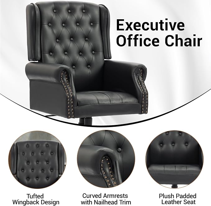 Vintage High Back Wingback Executive Office Chair, Black | Home Desk Chairs with Tufted Nailhead Trim & PU Faux Leather, Heavy Duty Adjustable Rocking Computer Chair for Gaming