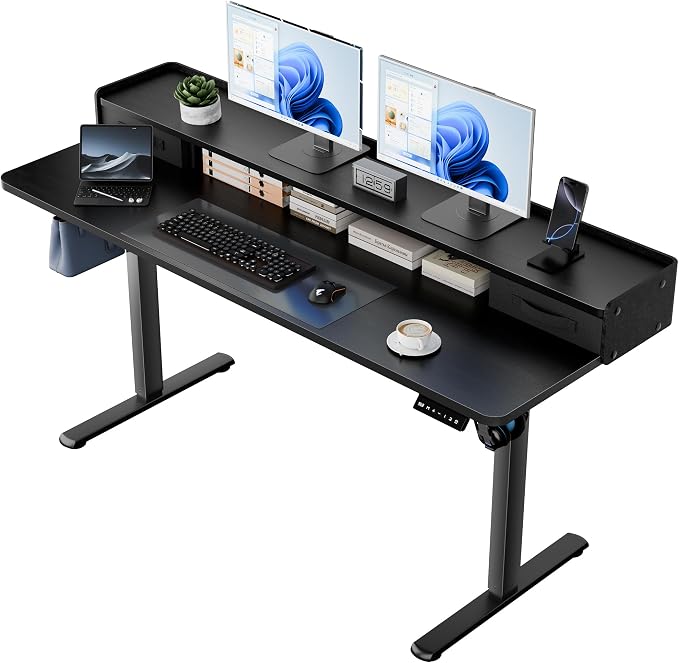 YESHOMY 63" x 23" Electric Standing Desk with 2 Drawers, Height Adjustable Computer Desk, Low Noise Home Office Stand Up Desk with 2 Preset Heights & 2 Hooks, Black