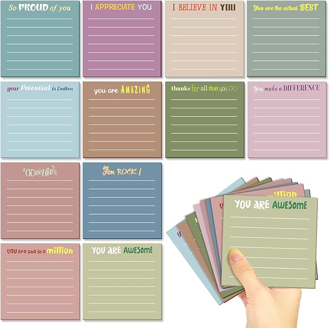 Yinder 12 Pcs Inspirational Sticky Notes Thank You Gift Motivational Sticky Note Pad Employee Appreciation Gift Bulk for Staff Coworker Teacher Nurse Office Groups 3 x 3'' (Appreciation,Neutral Color)
