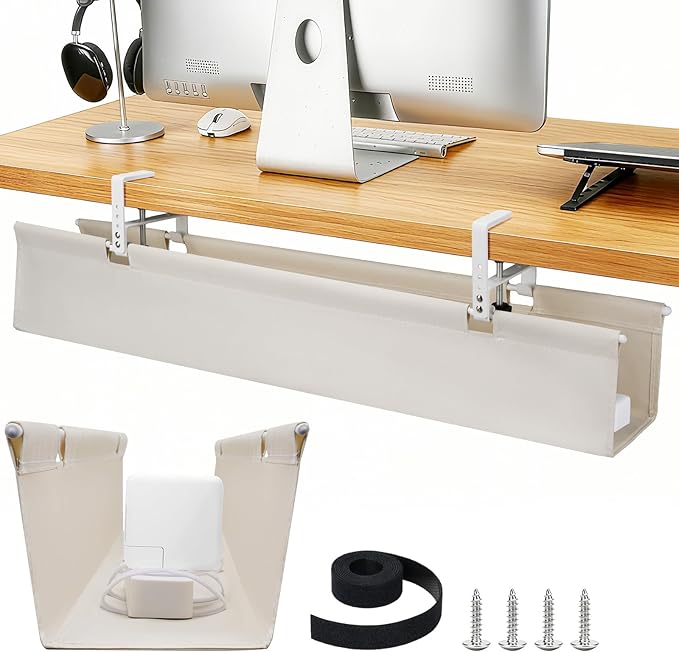 SHUWEI 36" Under Desk Cable Management Tray, Premium Fabric Cable Management for Desk, Clamp/Screw Mount Cable Tray for Office and Home (Off White, 36" L)