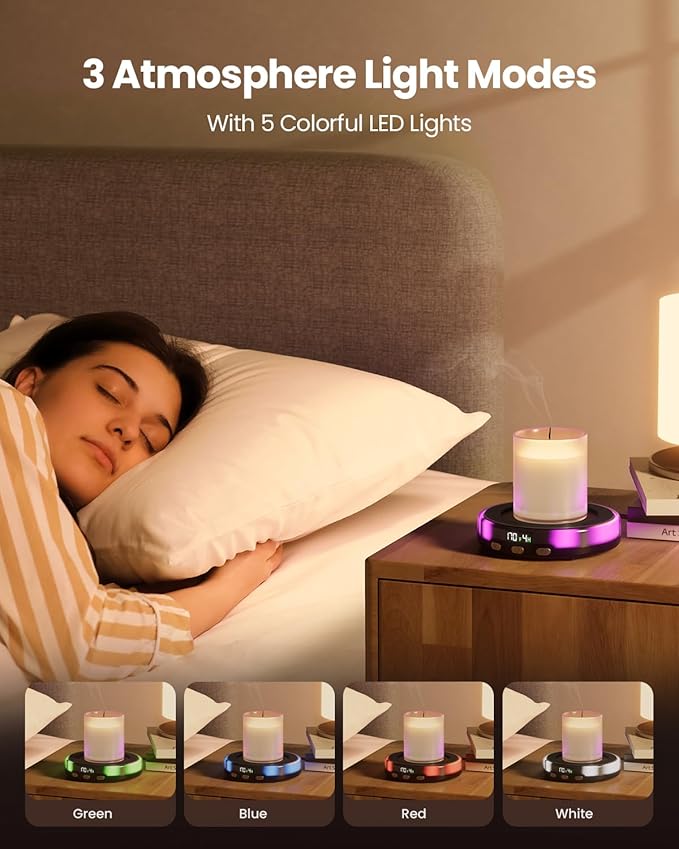 Gaiatop Coffee Mug Warmer for Desk, 3 Temp Settings, 2-9Hrs Timer, 3 Colorful Romantic Atmosphere Light Modes, Stocking Stuffers, Beverage Heating Plate with Digital Display for Candle Tea Milk Black