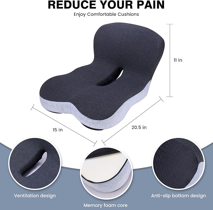 Memory Foam Car Seat Cushion – Ergonomic Driver Seat Cushion for Sciatica & Tailbone Pain, Breathable Non-Slip Car Seat Pad with Lumbar Support for Car, Truck, SUV, Office Chair