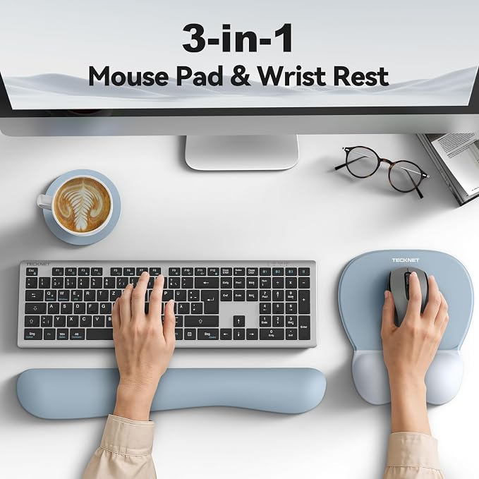 TECKNET Gel Mouse Pad with Wrist Rest, 3 in 1 Keyboard Wrist Rest for Pain Relief, Non-Slip PU Base & Easy Typing, Ergonomic Mousepad Set for Office & Home