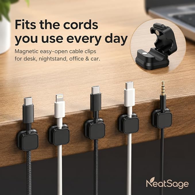 Magnetic Cable Clips, 12 Pack Self Adhesive Cord Organizer Holders for Desk, Nightstand, Office & Car, Cable Management for Charging Cords, USB Cables & Headphones Black or White (Black)