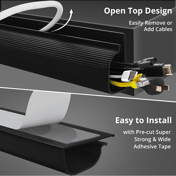 Cable Management Under Desk, 32in (2x15.75in) J Channel, Self Adhesive Cable Raceways Channel, Easy to Install Cord Cover Hider Desk Cord Organizer Electrical Black