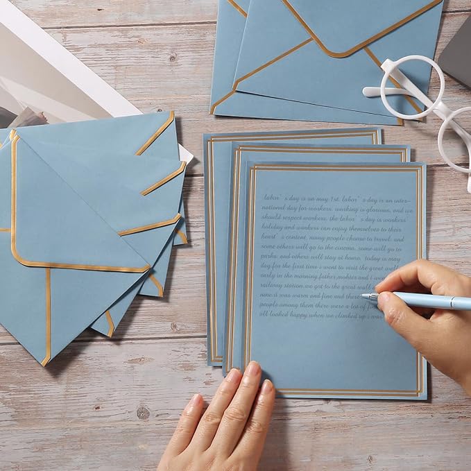50 Pack Stationery Set with Envelopes, Dusty-Blue, 6x8 Inches | Gold Border, A6 Envelopes 4.75x6.5 inch and 6x8 Paper Sheets, Stickers for Letter Writing, Invitations