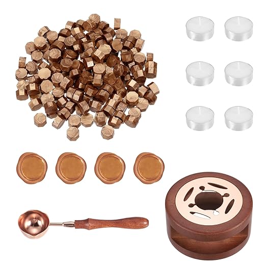PATIKIL Wax Seal Kit, 150 Pcs Wax Sealing Beads, Wooden Warmer, Melted Spoon, 6 Pcs Tealight Candles for Envelope Letter Mailing Crafts DIY, Copper Gold