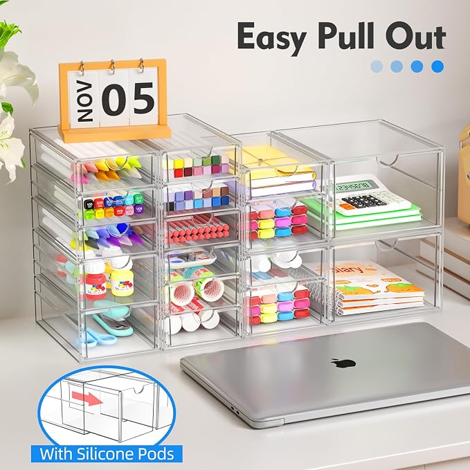 ARSTPEOE 17-Drawer Acrylic Storage & Makeup Organizer for Desk, Bath | Smooth-glide drawers, clear acrylic, 4-set stackable, dustproof, wipe-clean, for serum samples, sheet masks, bobby pins
