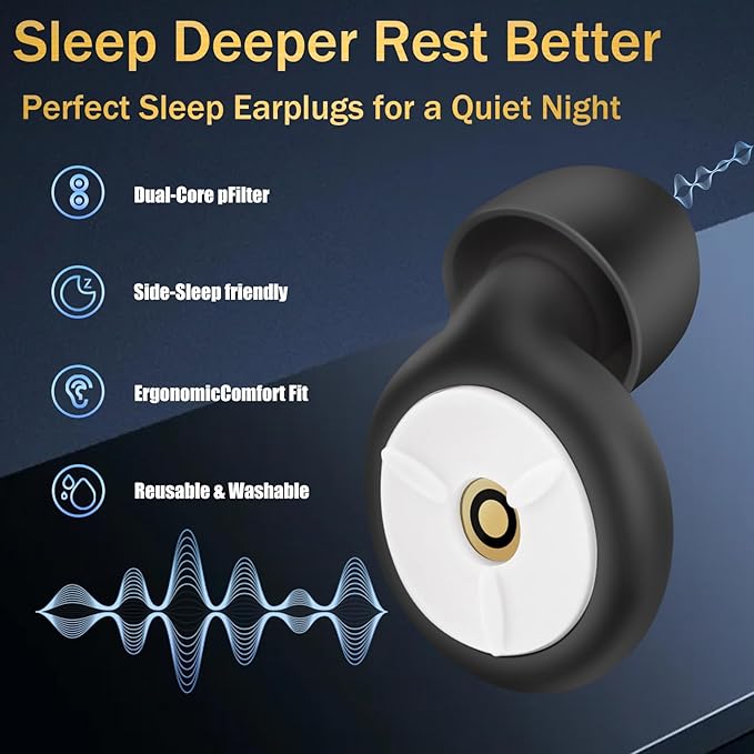 Ear Plugs for Sleeping Noise Cancelling, Dual-Core Filter, Reusable Hearing Protection – Up to 48dB Noise Reduction, Flexible Silicone – Ideal for Sleep, Focus, (Black+White, One Size)