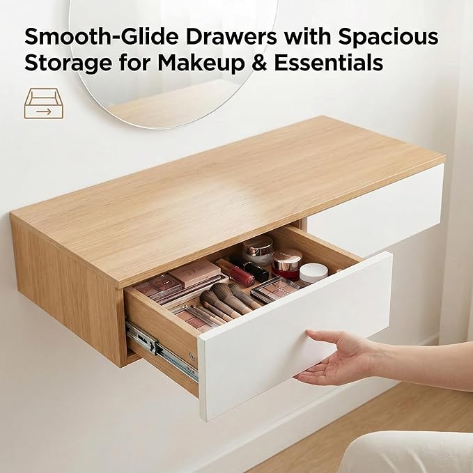 Wall Mounted Floating Vanity Desk with 2 Storage Drawers Modern MDF Makeup Table – 39.4 x 15.7 x 5.9 in (100 x 40 x 15 cm), Space-Saving Dressing Table for Bedroom or Small Spaces (Natural Wood)