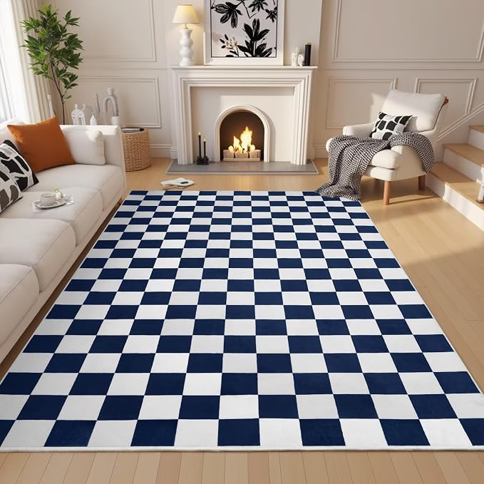 Terrug Navy and White Checkered Rug for Bedroom,3x5 Area Rugs Washable with Non Slip for Living Room,Soft Low Pile Stain Resistance Retro Carpet for Dorm Kids Room
