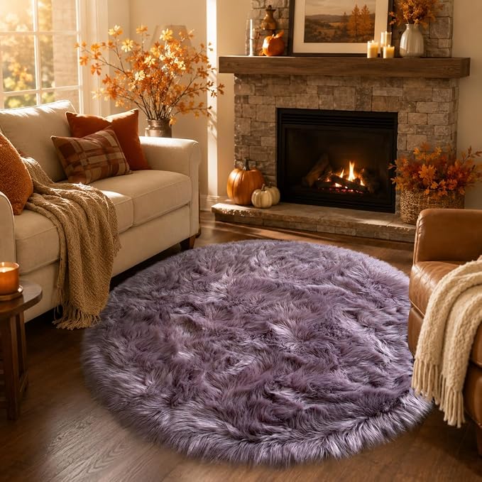 EasyJoy Faux Sheepskin Rug, Fluffy Faux Fur Rug, Ultra Soft Shag Area Rug with Non-Slip Backing for Bedroom, Living Room, Nursery, Kids Room(4 x 4 ft Round, Light Purple)