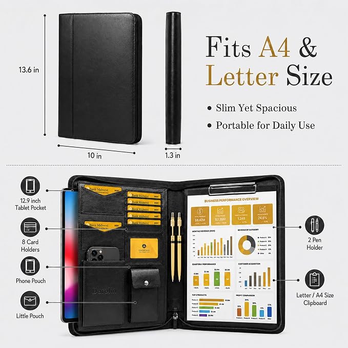 Darolin Vegan Leather Padfolio Portfolio with Zipper, Clipboard -Black | Professional Padfolio for Men Women, Business Resume Folder with Clipboard, Portfolio Bag, Padfolio Organizer for Work Travel