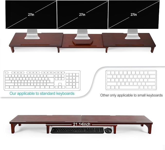 Nnewvante Dual Monitor Riser, 60 inch Bamboo Monitor Stand for Desk, Walnut | Adjustable Length Angle, 3 Shelves Desktop Screen Riser, For Computer Laptop PC