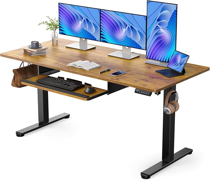 ErGear Large Electric Standing Desk with Keyboard Tray, 63x28 Inches Large Adjustable Height Sit Stand Up Desk, Home Office Desk Computer Workstation, Vintage Brown