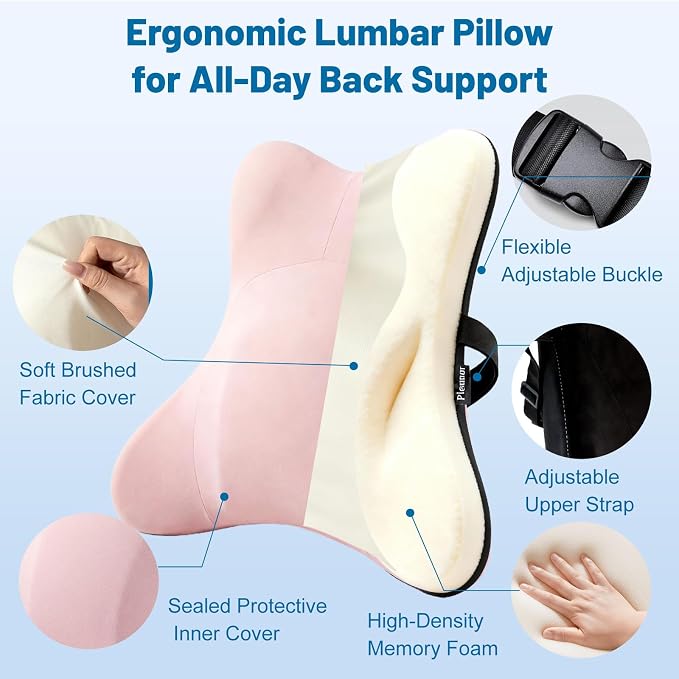 Lumbar Support Pillow, Memory Foam Back Cushion for Car & Office Chair - Pink