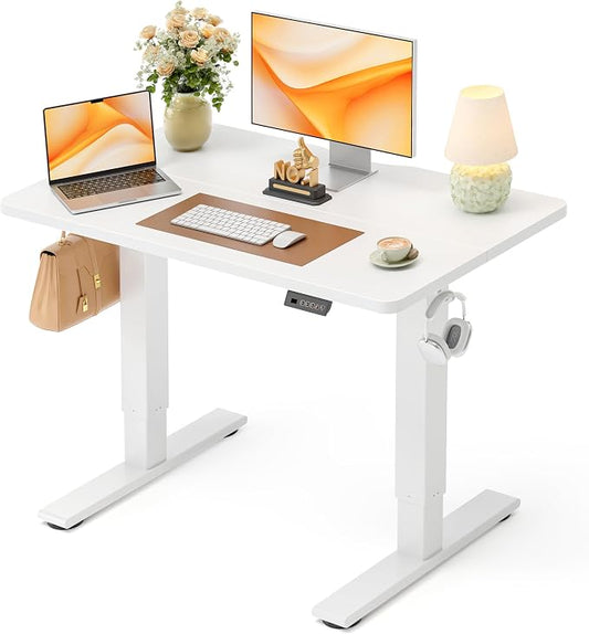 CubiCubi Electric Standing Desk 40 x 24 Inch, Height Adjustable Sit Stand Desk with Memory Presets, Splice Desktop Computer Desk for Home Office, White Frame/White Top