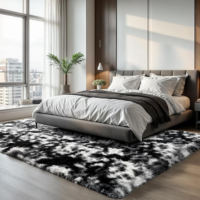 Zentavio Black and White Area Rugs for Living Room Large Rugs for Bedroom 8x10 Soft Carpet Fluffy Furry Shag Aesthetic Plush High Pile Gray Throw Rug for Nursery Kids Room Dorm Tie-Dyed