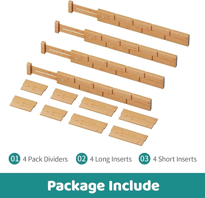 Bamboo Drawer Dividers with Inserts, Kitchen Adjustable Drawer Organizers, Expandable Organization for Home, Dressers, 4 Dividers with 8 Inserts