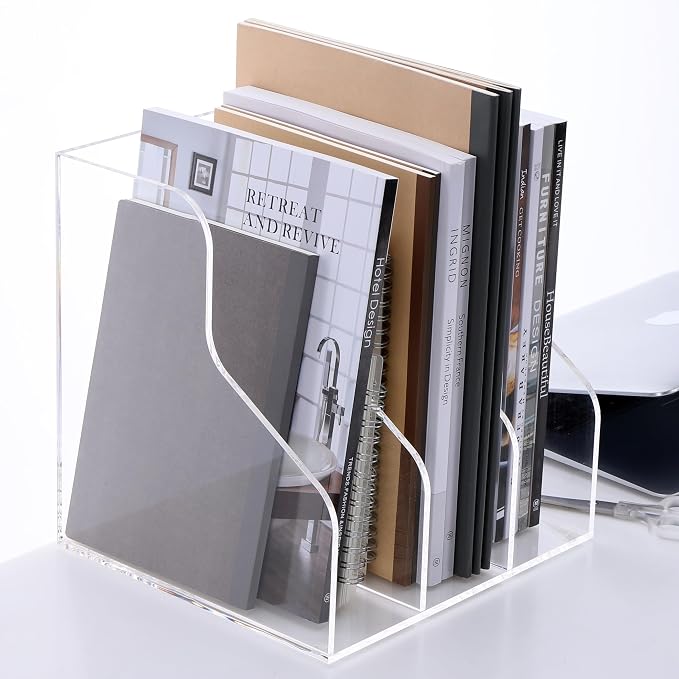 HeZone Desk File Organizer, Acrylic Magazine File Holder with 3 Vertical Compartments Rack File Sorter for Office Home Classroom Desk Organization, Clear…