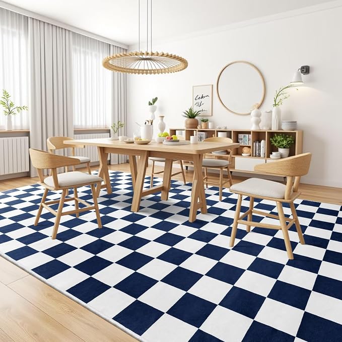 Terrug Navy and White Checkered Rug for Bedroom,3x5 Area Rugs Washable with Non Slip for Living Room,Soft Low Pile Stain Resistance Retro Carpet for Dorm Kids Room