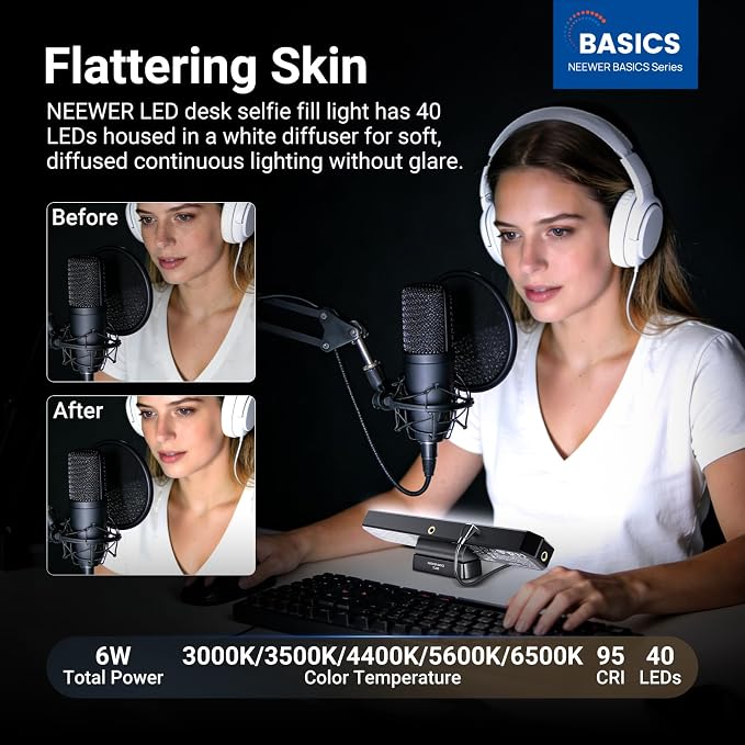 NEEWER Basics LED Chin Fill Lighting CRI95, 6W Bi Color Portable Desk Phone Selfie Photo Light, USB Powered for TikTok Streaming Laptop Video Conference Tripod Recording Travel Makeup, TL30B