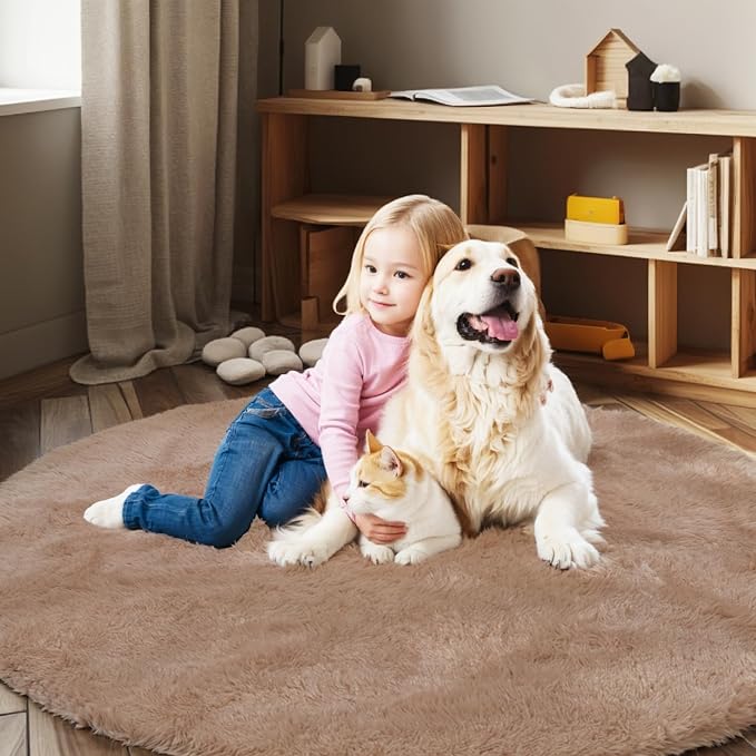 Super Soft Circle Rugs for Girls Princess Castle Toddlers Play Tent 3 Diameter Circular Area Rugs for Bedroom Home Decor Round Shag Playhouse Carpets(Φ3, Beige)