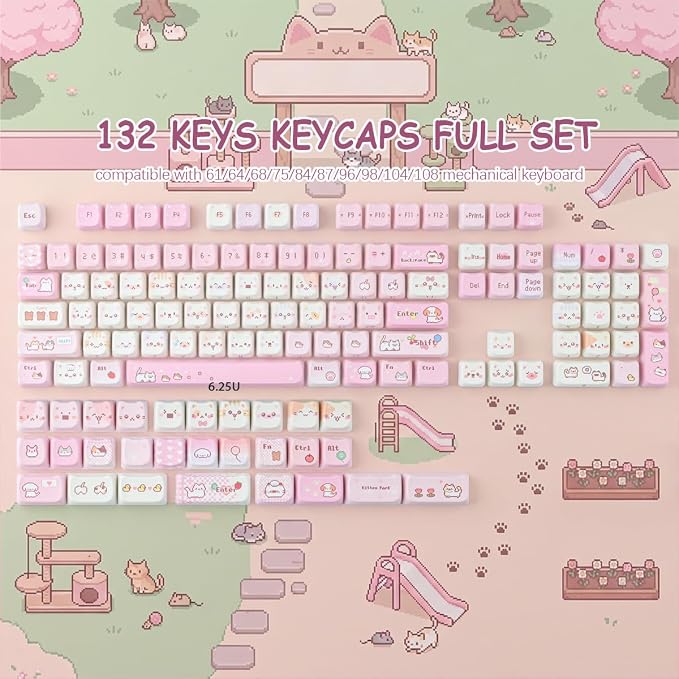 Tsungup Cute Cat Keycaps Set,Pink Pixel Mao Profile Keycaps,132 Keys PBT Custom Key Caps Keyboard Keycap for 60%,65%,75%,100% Mechanical Keyboard