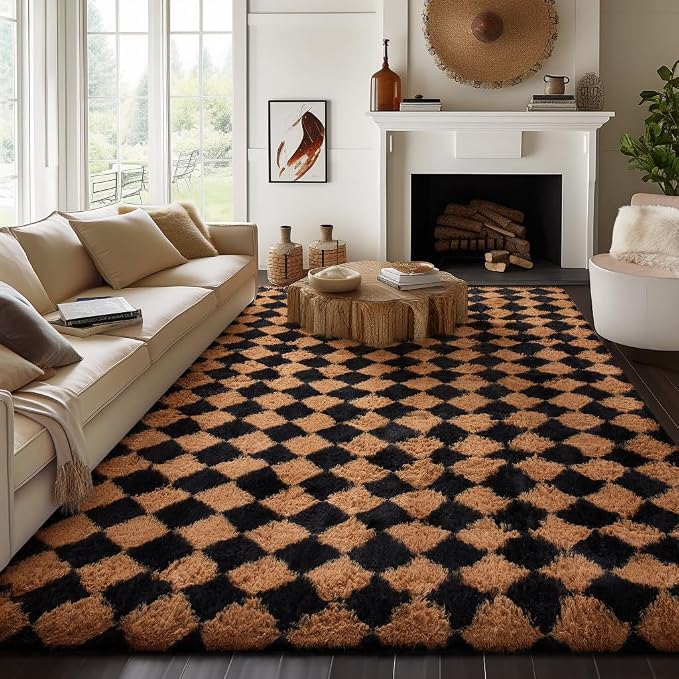 Ophanie 8x10 Black & Beige Diamond Checkered Rugs for Living Room Bedroom,Large Rhombus Fluffy Soft Fuzzy Area Rugs,Plush Shaggy Bedside Floor Carpet Kids Baby Dorm Decor with Over 99 pcs Pile fibers