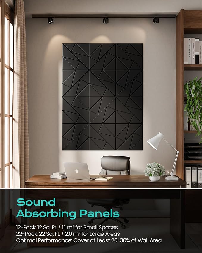 22-Pack Acoustic Panels,12"x12"x0.4" Soundproof Wall Panels, Peel & Stick Sound Proof Foam Panels for Walls, Geometric Noise Reduction Panels for Home Office,Studio (Black)