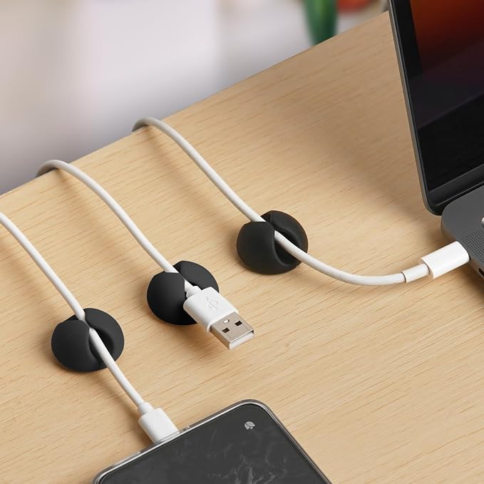 tifanso 6PCS Black Adhesive Cable Clips for Home Office Wire Management | Self-Adhesive, No Drill Easy Install, Ideal for Desk Nightstand & More, Secure Cord Holders, Keep Wires Neat & Organized