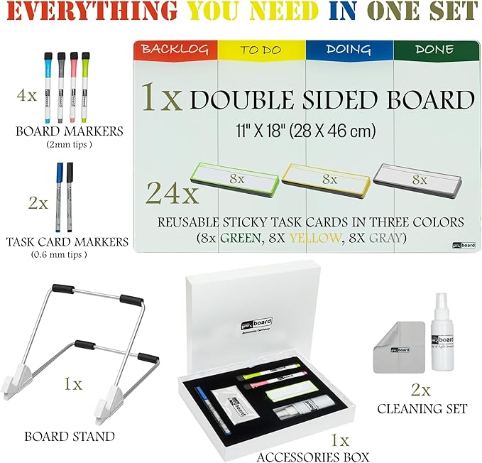 PMXBOARD Desktop Kanban Board & Whiteboard (Double-Sided) 18” x 11” Glass Dry Erase Board with Stand, 24 Reusable Task Cards, 6 Markers – Scrum Agile Project Management Desk Planner