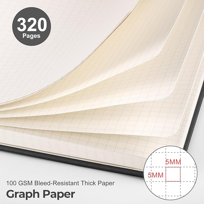 EMSHOI Graph Paper Notebook, 320 Pages, 100gsm Thick Paper, A5 PU Leather Hardcover, 5mm Grid Notebook for Work School Math Engineering Writing Graphing, Small 5.75"x8.38", Black