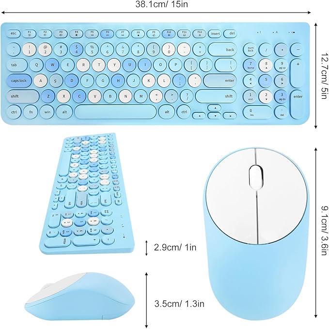 Wireless Keyboard and Mouse Combo, Retro Typewriter Keyboard with Round Keycaps, 2.4GHz USB Cute Wireless Keyboard Mouse for Computer, Desktop, Laptop (Blue Colorful)