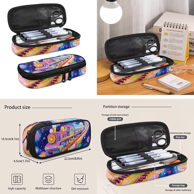 Rainbow Train Backpack Set for Girls, Cartoon Print School Backpack with Lunch Box, Pencil Case & Water Bottle Sleeve, 17 Inch Elementary Bookbag for Kids Ages 6-10