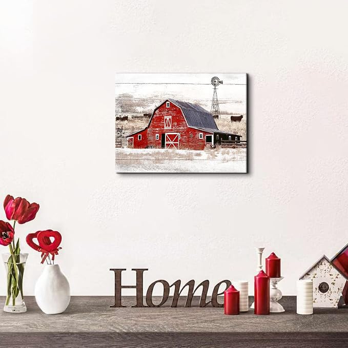Farmhouse Barn Wall Art Kitchen Wall Decor Rustic Windmill Meadow Landscape Picture Canvas Prints Vintage Farm House Red Barn Scenery Painting Countryside Cow Poster Artwork Home Decorations 12x16”