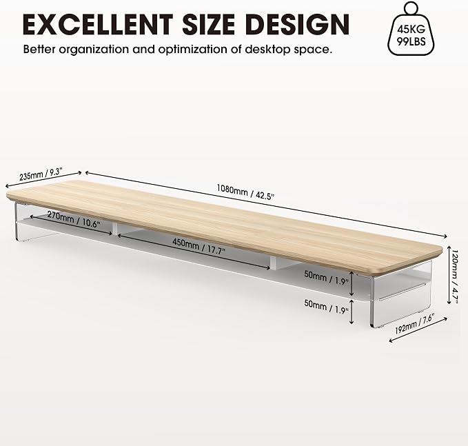 Fenge 42.5" Dual Monitor Stand with Clear Acrylic Legs, Oak | Clear Acrylic, Storage Compartment, 2-tier Home Office Monitor Riser, Wide Large Desktop Shelf Fit Monitor/Laptop/Printer