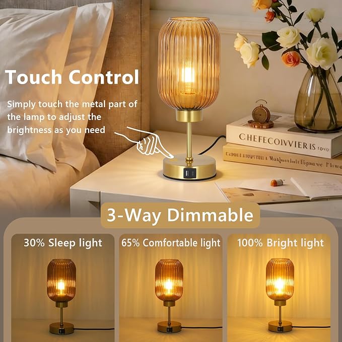 LAMSU Vintage Gold Touch Table Lamp, Small Desk Lamp with Amber Glass Shade, Bulb, Charging Port, Mid Century Modern Bedside Lamp, 3 Way Dimmable Nightstand Lamp for Bedroom Living Room Home Office