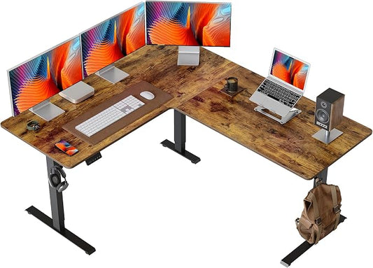 FEZIBO 63" x 55"L Shaped Standing Desk Adjustable Height, Electric Stand up Corner Computer Desk, Sit Stand Home Office Desk with Splice Board, Vintage-Brown