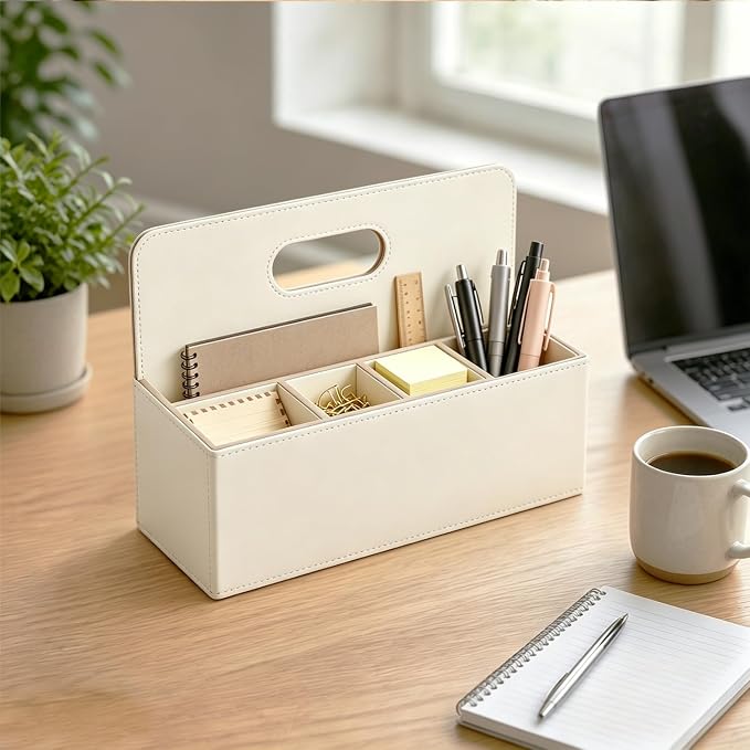 Mail Organizer Countertop, Pencil Holder, Office Supplies File Bill Sorter | PU Leather Aesthetic 5-Slot Desktop Storage box,Remote Caddy for Stationery,Glasses,Letter,Pen,Desk Accessories, Home Decor