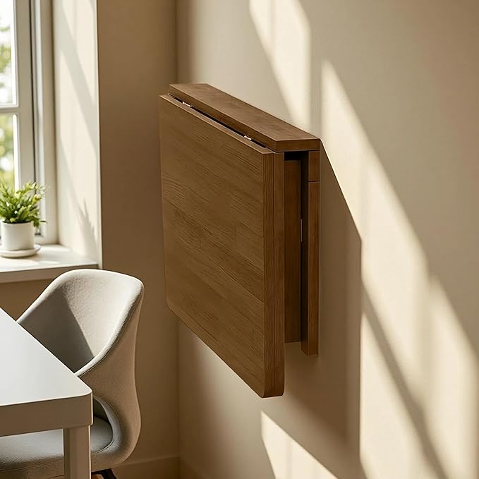 MM MELISEN Wall Mount Folding Table - 37x22 Inch, Walnut Versatile Table for Kitchen prep or Craft Studio. Solid Wood Surface Folds Flat. Perfect for Meal prep and Creative Projects