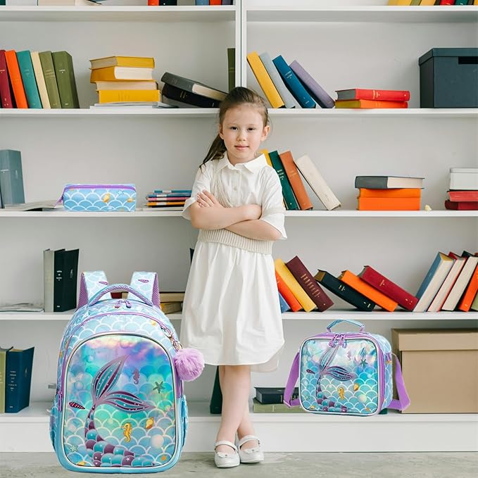 Kids Backpacks for Girls Mermaid School Bag with Lunch Box Lightweight Travel Backpack for Kids 3 in 1 Bookbag Back to School Supplies (12803-3)