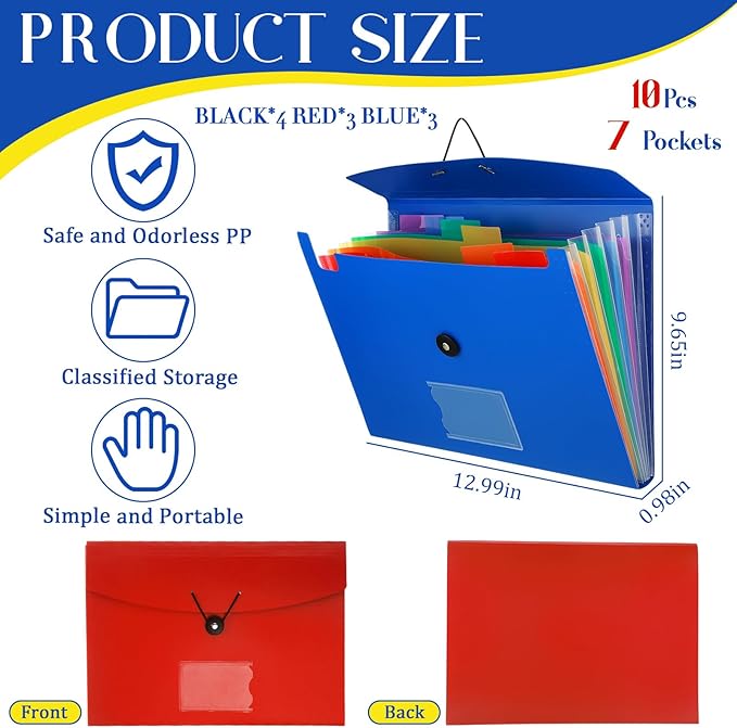 Glenmal 10 Pcs 7 Pocket File Folders File Organizer Expanding Folder with Labels Plastic Pocket A4 Letter Size Paper Organizer for Office Back to School Supplies(Red, Black, Blue)