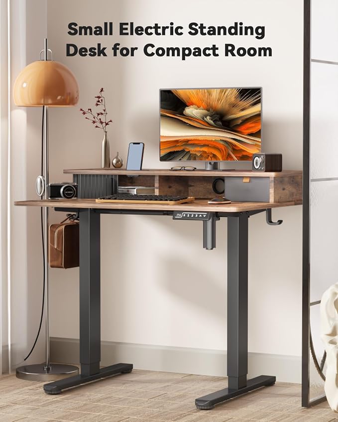 JOY worker 35" Small Electric Adjustable Desk with Monitor Stand & Drawer | Rustic Brown 35" x 25" Height Adjustable Desk for Tight Space, Shutter Door & Shelf, Sit Stand Desk with 2 Hooks, Home Office